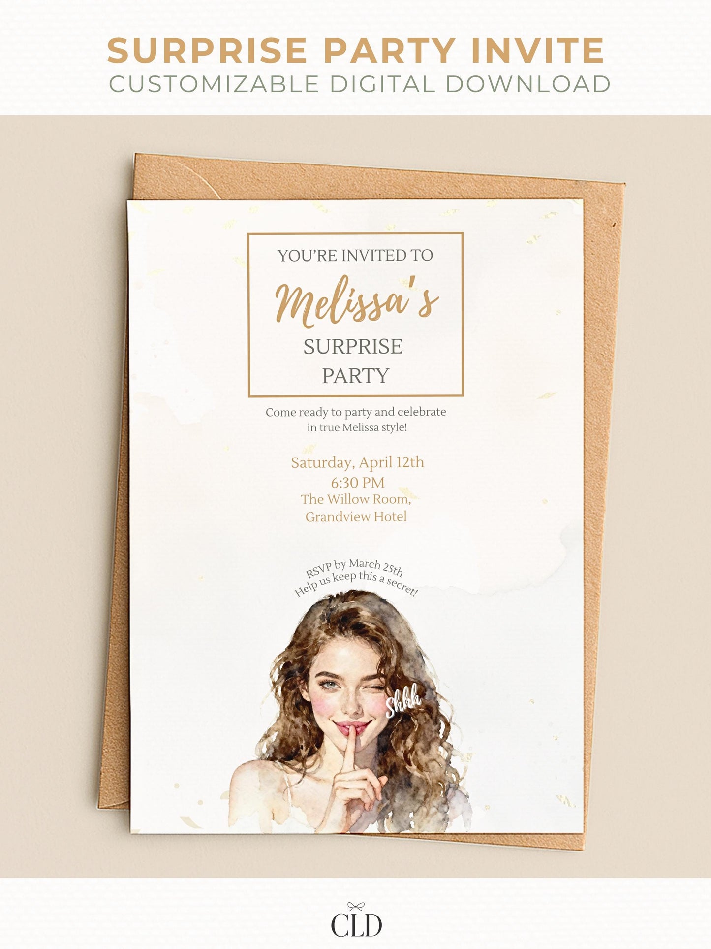 Elegant printable surprise party invitation template featuring a watercolor illustration of a woman holding a finger to her lips saying 'shh'. Customizable digital download with modern minimal design for birthdays or special celebrations
