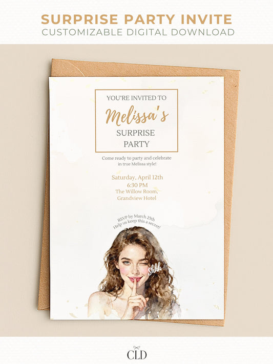Elegant printable surprise party invitation template featuring a watercolor illustration of a woman holding a finger to her lips saying &#39;shh&#39;. Customizable digital download with modern minimal design for birthdays or special celebrations