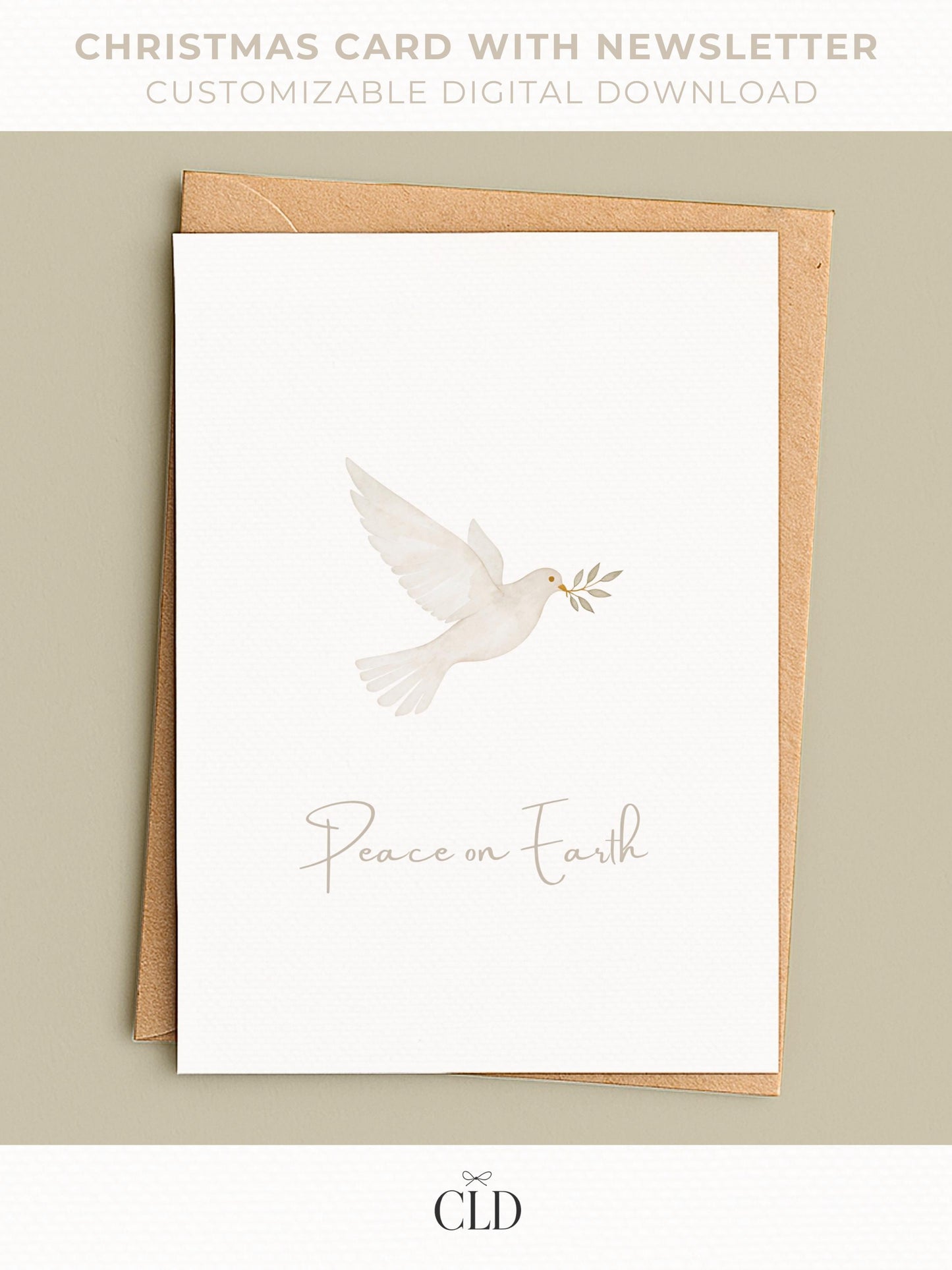 Minimalist watercolor dove Christmas card with customizable family newsletter, editable holiday template in Canva.