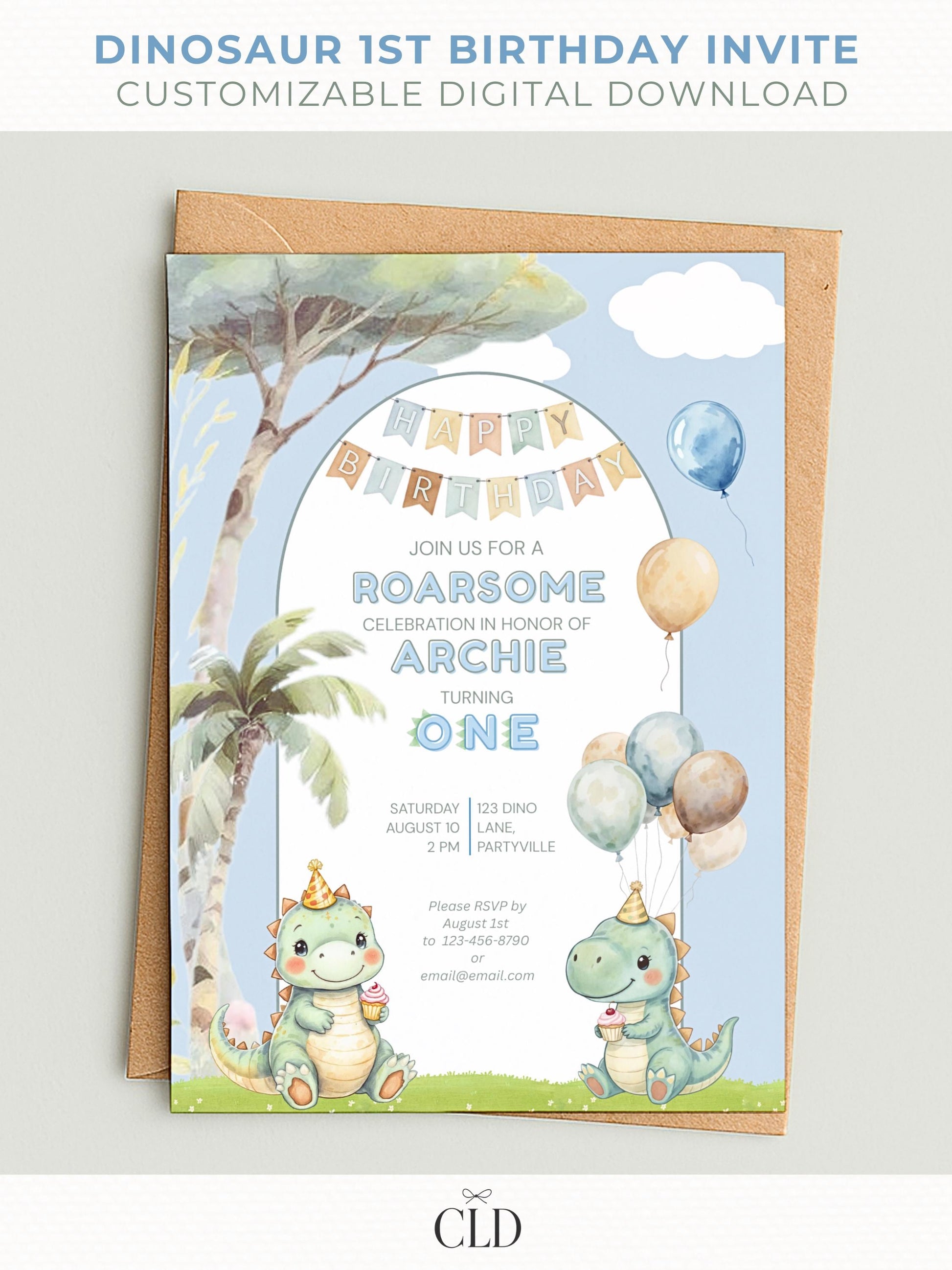 Watercolor dinosaur 1st birthday invitation template featuring two cute green dinosaurs holding cupcakes with balloons, palm trees, and a “Happy Birthday” banner, displayed on a phone and printed card.