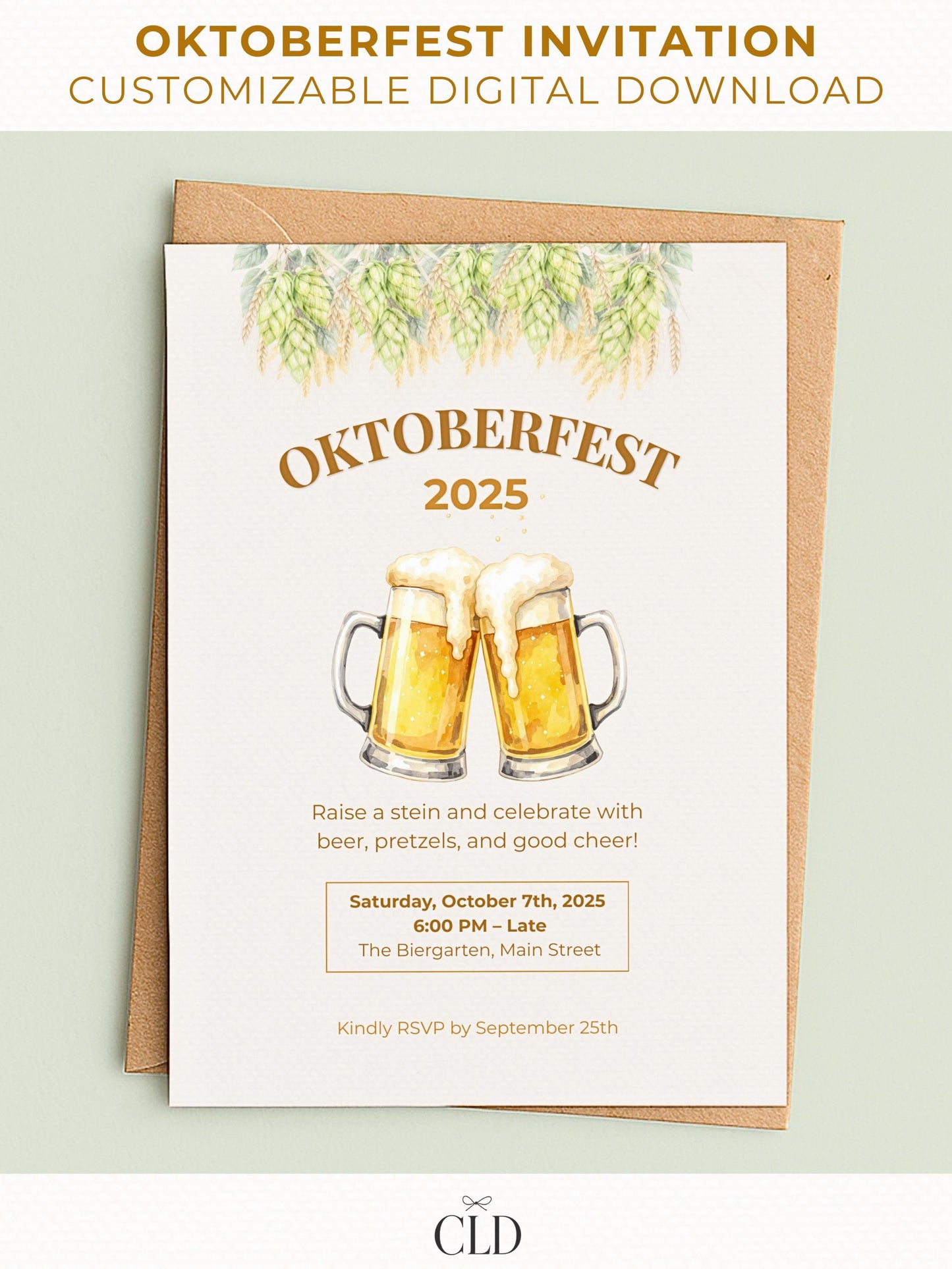 Printable Oktoberfest invitation with watercolor clinking beer mugs, hops, and wheat illustrations in golden autumn tones, editable in Canva