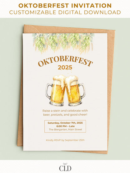 Printable Oktoberfest invitation with watercolor clinking beer mugs, hops, and wheat illustrations in golden autumn tones, editable in Canva
