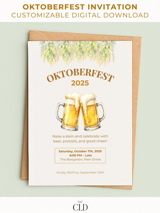 Printable Oktoberfest invitation with watercolor clinking beer mugs, hops, and wheat illustrations in golden autumn tones, editable in Canva