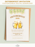 Printable Oktoberfest invitation with watercolor clinking beer mugs, hops, and wheat illustrations in golden autumn tones, editable in Canva