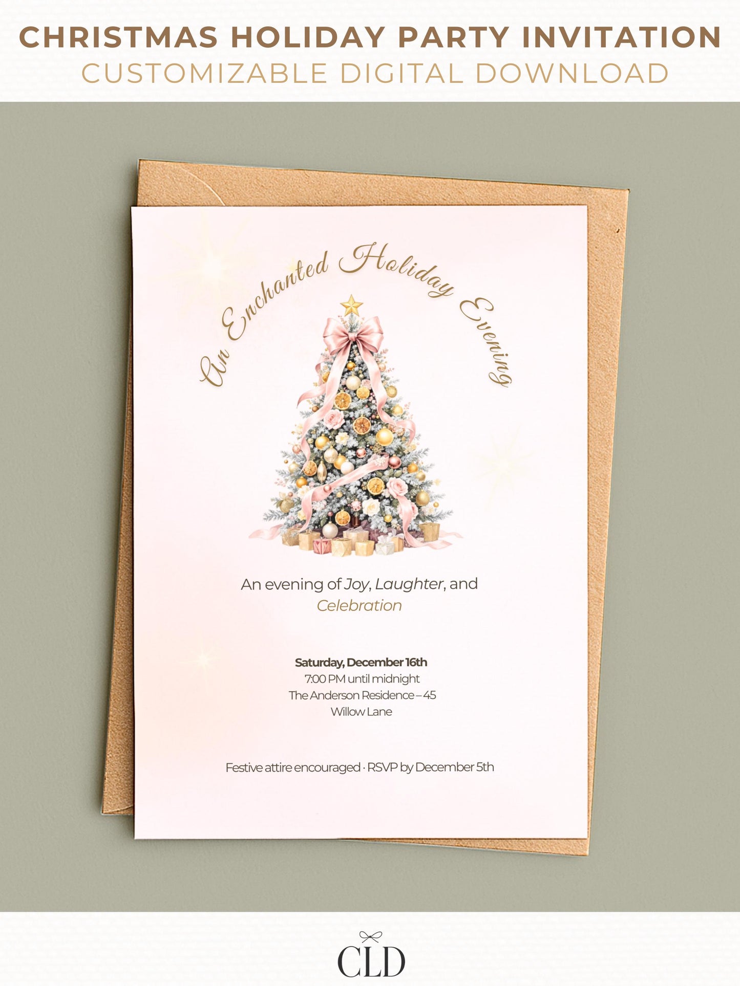 Elegant Christmas party invitation with blush and gold decorated tree, customizable Canva holiday invite shown as printable card, perfect for festive gatherings or company events