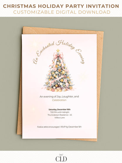 Elegant Christmas party invitation with blush and gold decorated tree, customizable Canva holiday invite shown as printable card, perfect for festive gatherings or company events