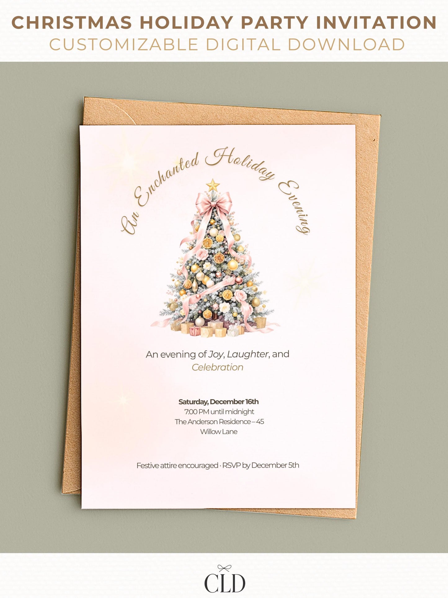 Elegant Christmas party invitation with blush and gold decorated tree, customizable Canva holiday invite shown as printable card, perfect for festive gatherings or company events