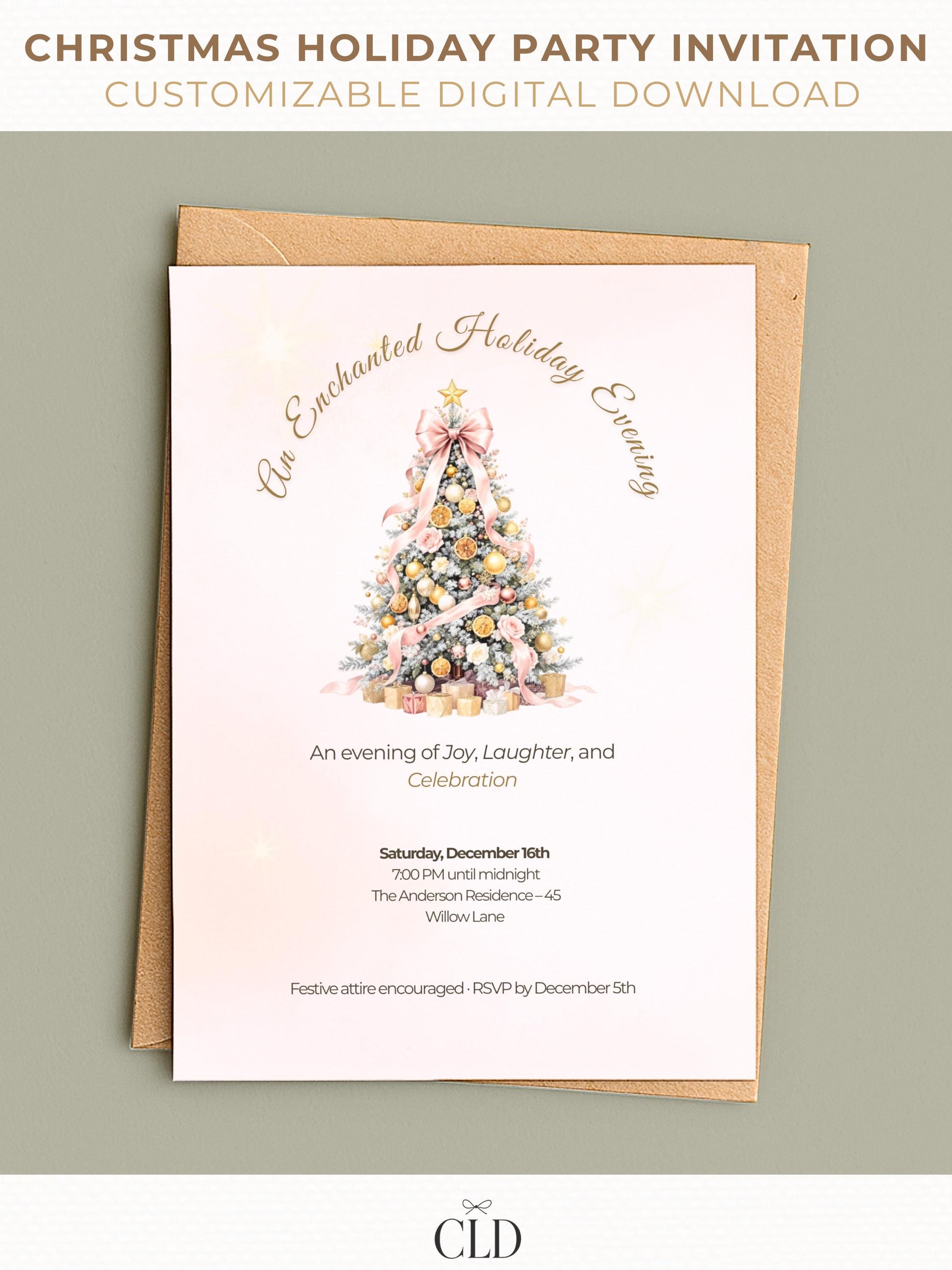 Elegant Christmas party invitation with blush and gold decorated tree, customizable Canva holiday invite shown as printable card, perfect for festive gatherings or company events