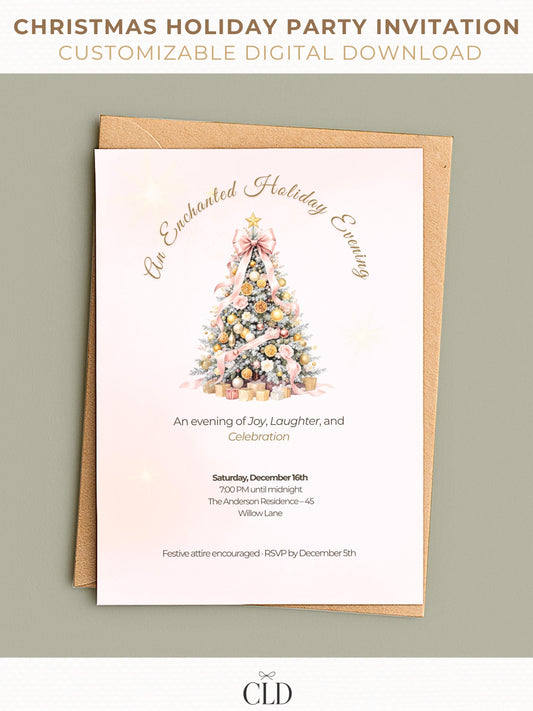 Elegant Christmas party invitation with blush and gold decorated tree, customizable Canva holiday invite shown as printable card, perfect for festive gatherings or company events