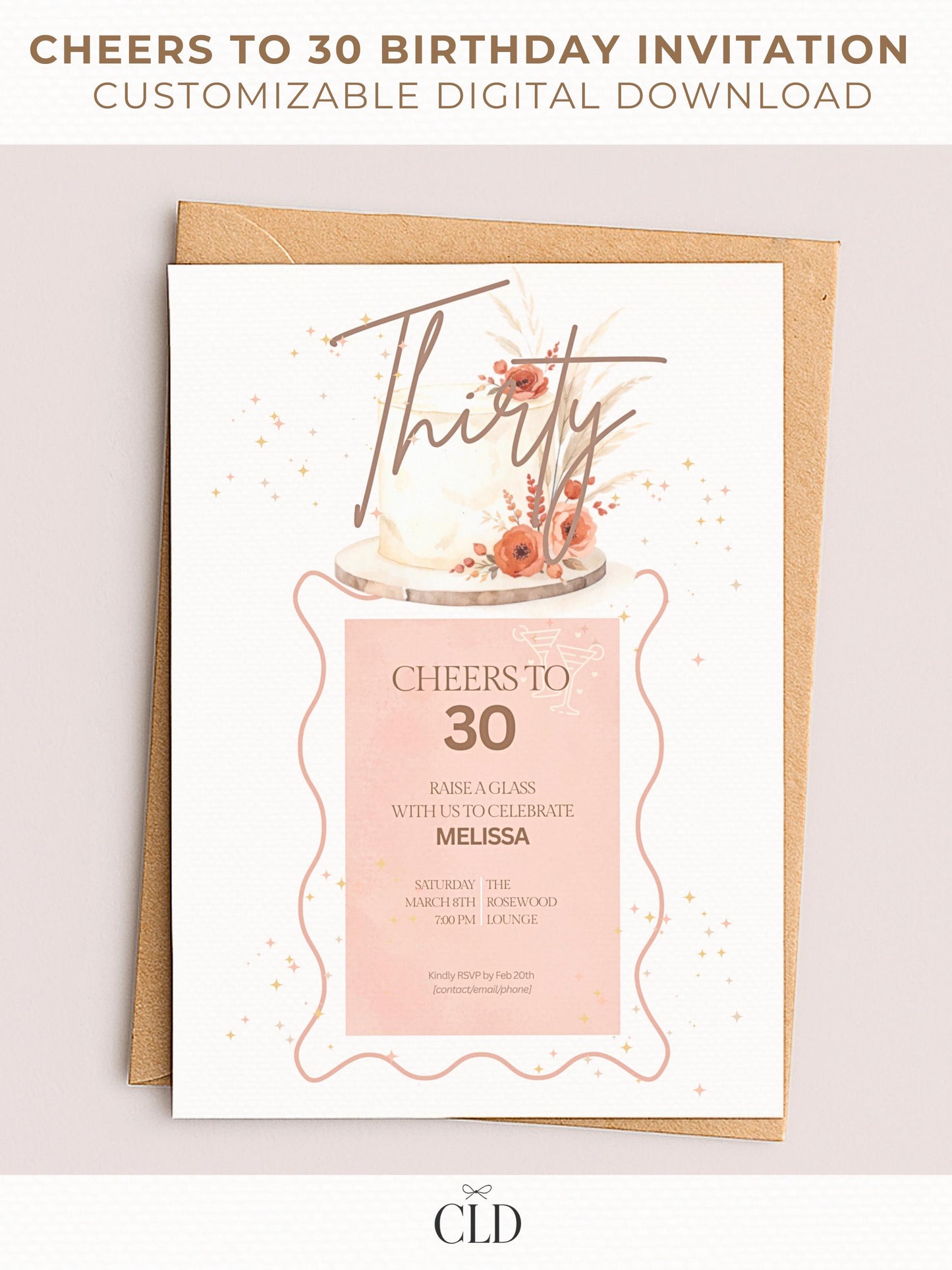 Cheers to 30 birthday invitation displayed on two phones with blush pink bow header, customizable Canva digital invite for milestone 30th birthday, printable or digital download