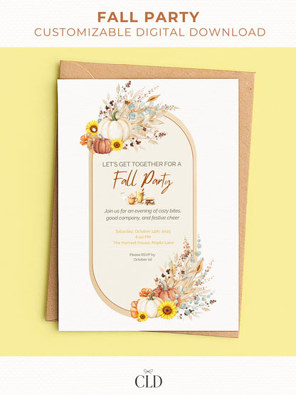 A fall party invitation with modern watercolor pumpkins, sunflowers and greenery. Minimalist design featuring text for a fall party invitation. A customizable and digital canva download.