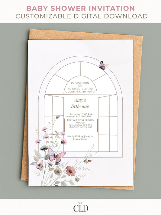 Elegant baby shower invitation mockup featuring a soft arched window design with watercolor florals and butterflies in mauve, blush, and sage tones. The text reads “Please join us to celebrate the upcoming arrival of Amy’s little one” with event details below. The invite is set on a neutral envelope against a pale sage background, with CLD branding at the bottom.
