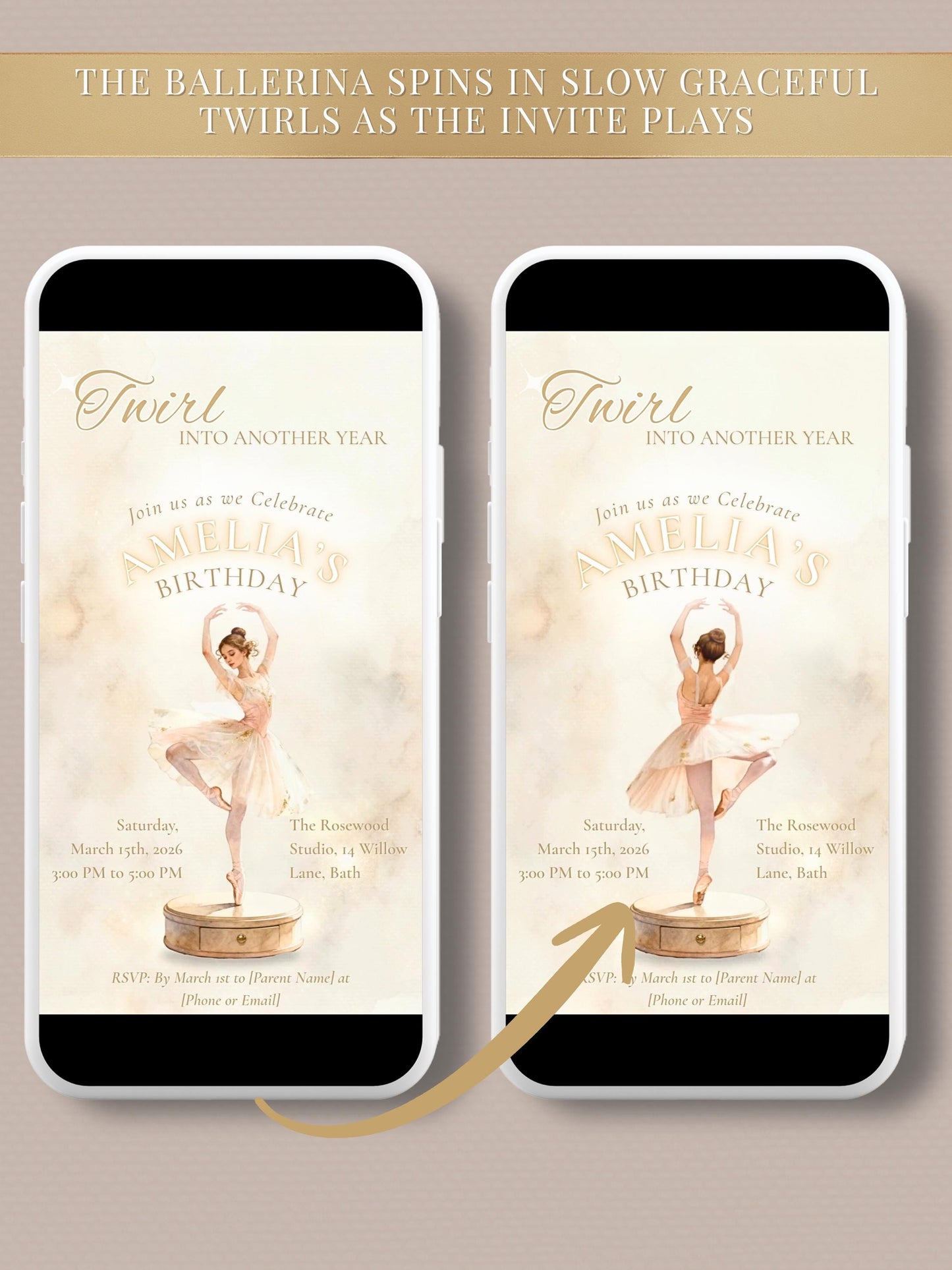 Animated Ballerina Birthday Invitation-Dance Kids Party Invite (Custom Instant Download Canva Template) Elegant Music Box Video Evite