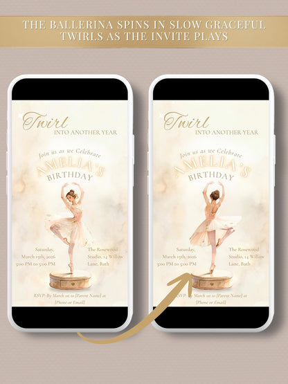 Animated Ballerina Birthday Invitation-Dance Kids Party Invite (Custom Instant Download Canva Template) Elegant Music Box Video Evite