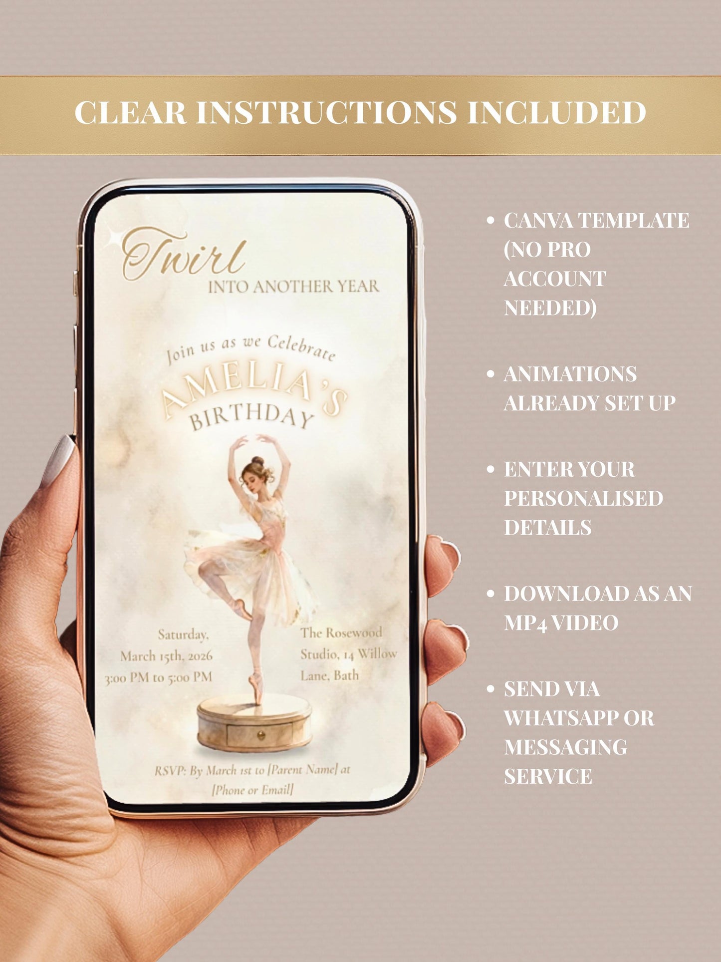 Animated Ballerina Birthday Invitation-Dance Kids Party Invite (Custom Instant Download Canva Template) Elegant Music Box Video Evite