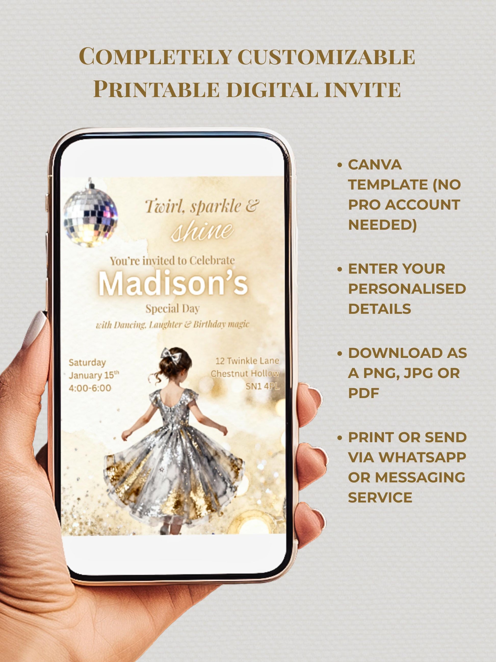 Girl's Dance Birthday Invitation-Twirl and Sparkle Party Invite/Disco Theme(Printable Instant Download Canva Template Evite)