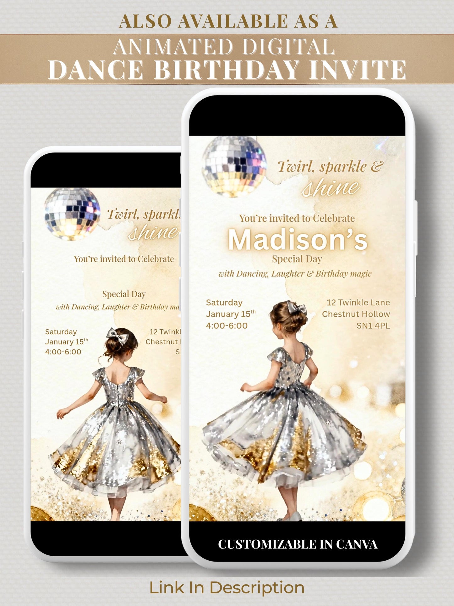 Girl's Dance Birthday Invitation-Twirl and Sparkle Party Invite/Disco Theme(Printable Instant Download Canva Template Evite)
