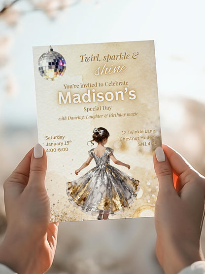 Girl's Dance Birthday Invitation-Twirl and Sparkle Party Invite/Disco Theme(Printable Instant Download Canva Template Evite)