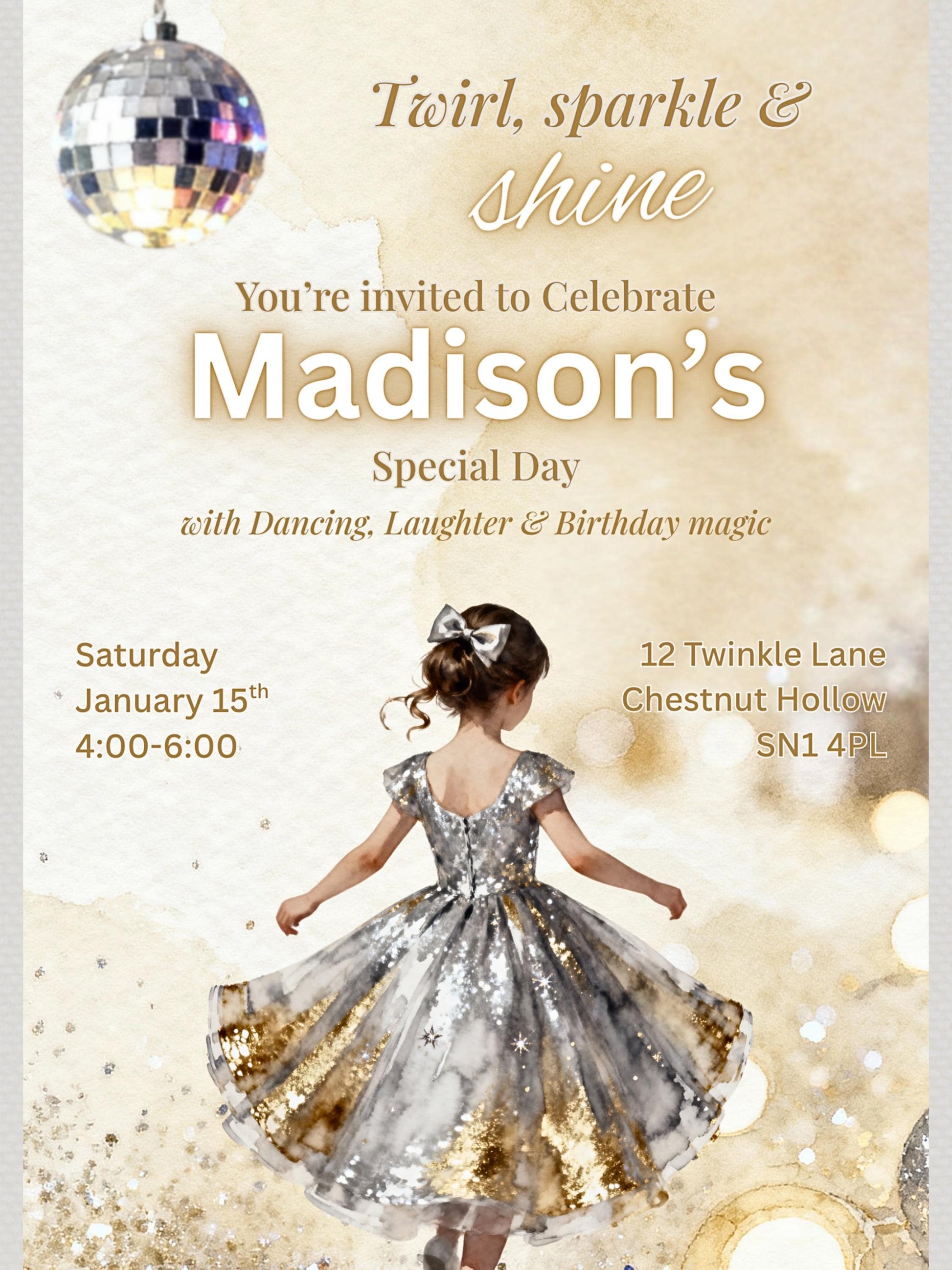 Girl's Dance Birthday Invitation-Twirl and Sparkle Party Invite/Disco Theme(Printable Instant Download Canva Template Evite)