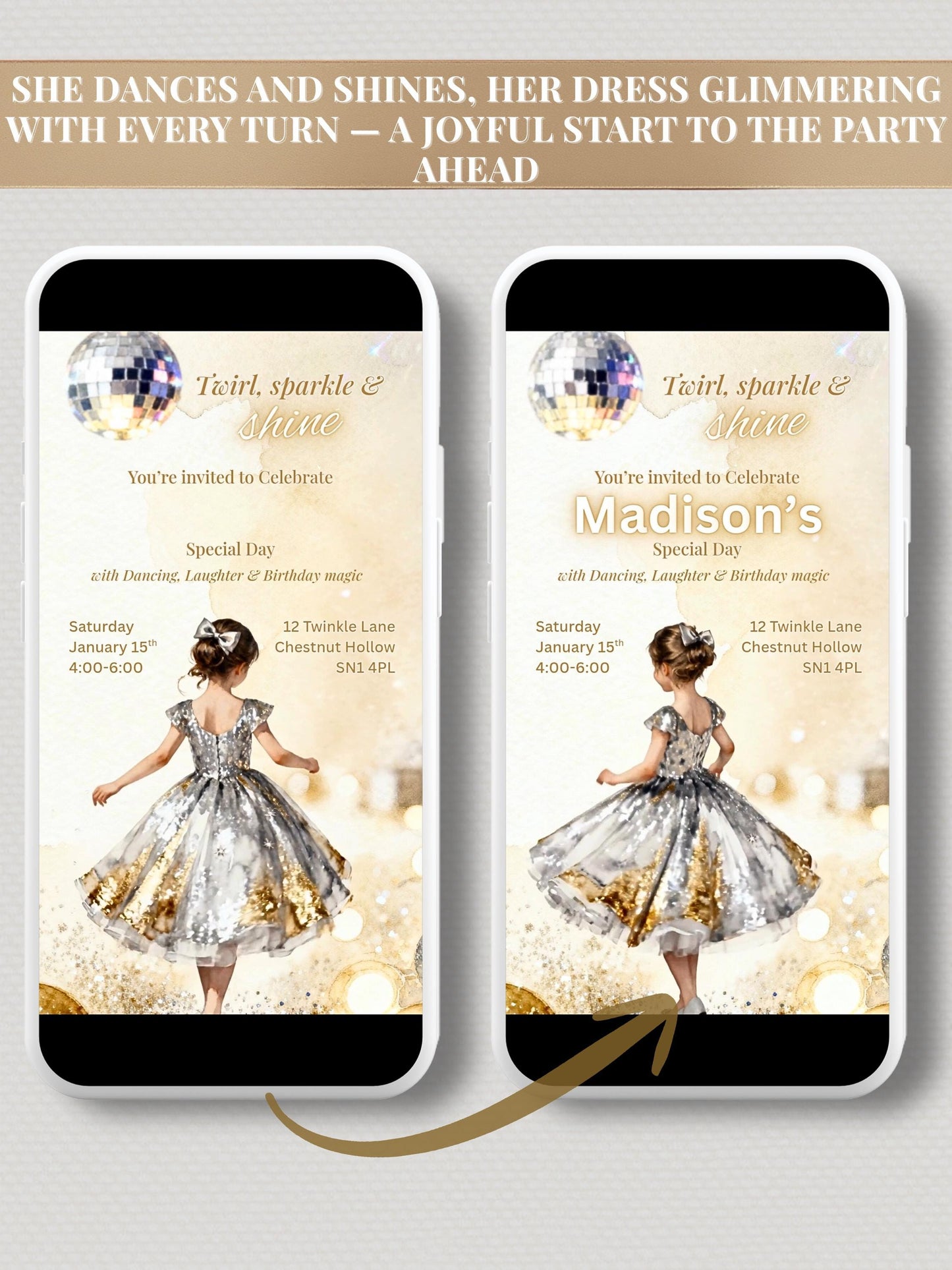 Animated Girl's Dance Birthday Invitation- Twirl and Sparkle Party Invite/Disco Theme (Printable Instant Download Canva Template Evite)