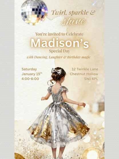 Animated Girl's Dance Birthday Invitation- Twirl and Sparkle Party Invite/Disco Theme (Printable Instant Download Canva Template Evite)