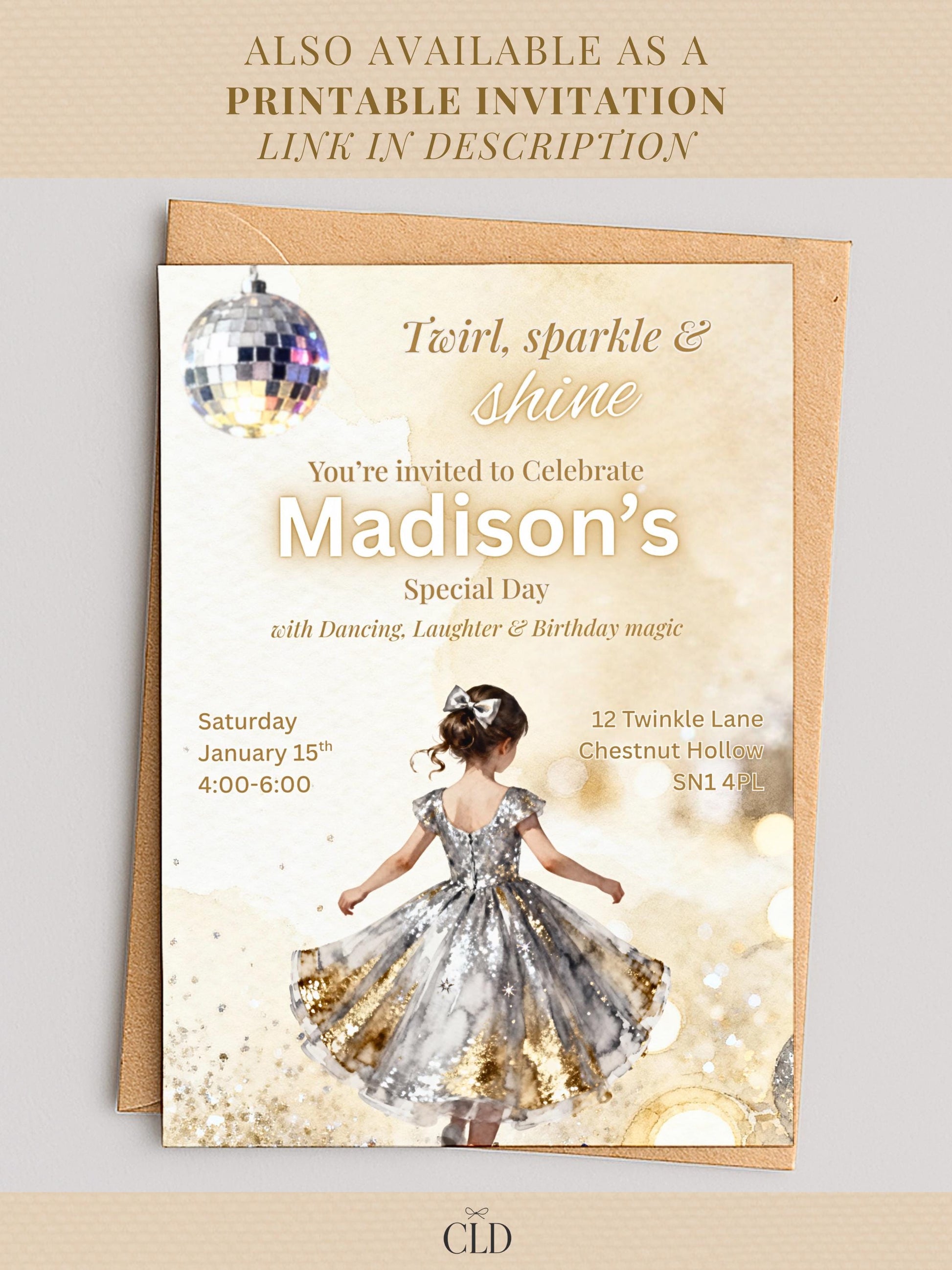Animated Girl's Dance Birthday Invitation- Twirl and Sparkle Party Invite/Disco Theme (Printable Instant Download Canva Template Evite)