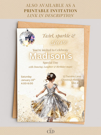 Animated Girl's Dance Birthday Invitation- Twirl and Sparkle Party Invite/Disco Theme (Printable Instant Download Canva Template Evite)