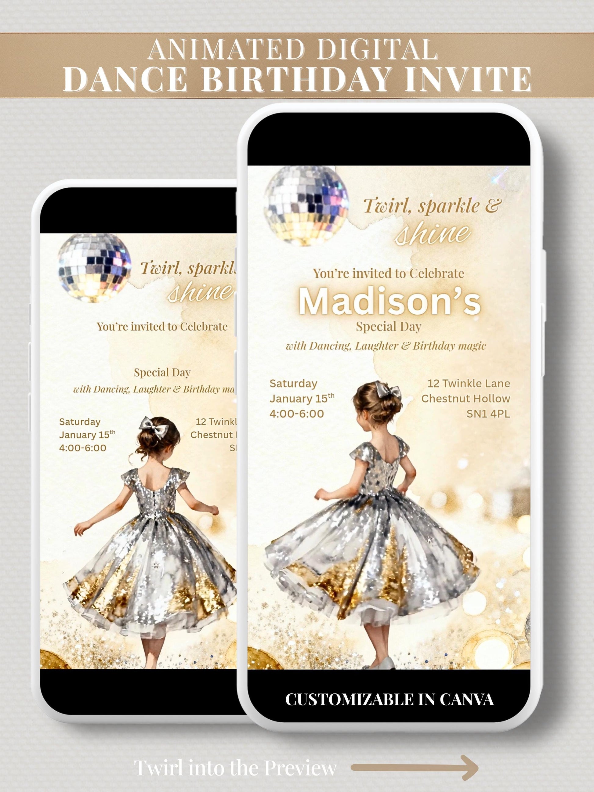 Animated dance birthday invitation showing a girl twirling in a silver and gold sparkle dress beneath a disco ball, with editable text and elegant watercolor background.