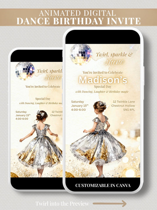 Animated dance birthday invitation showing a girl twirling in a silver and gold sparkle dress beneath a disco ball, with editable text and elegant watercolor background.