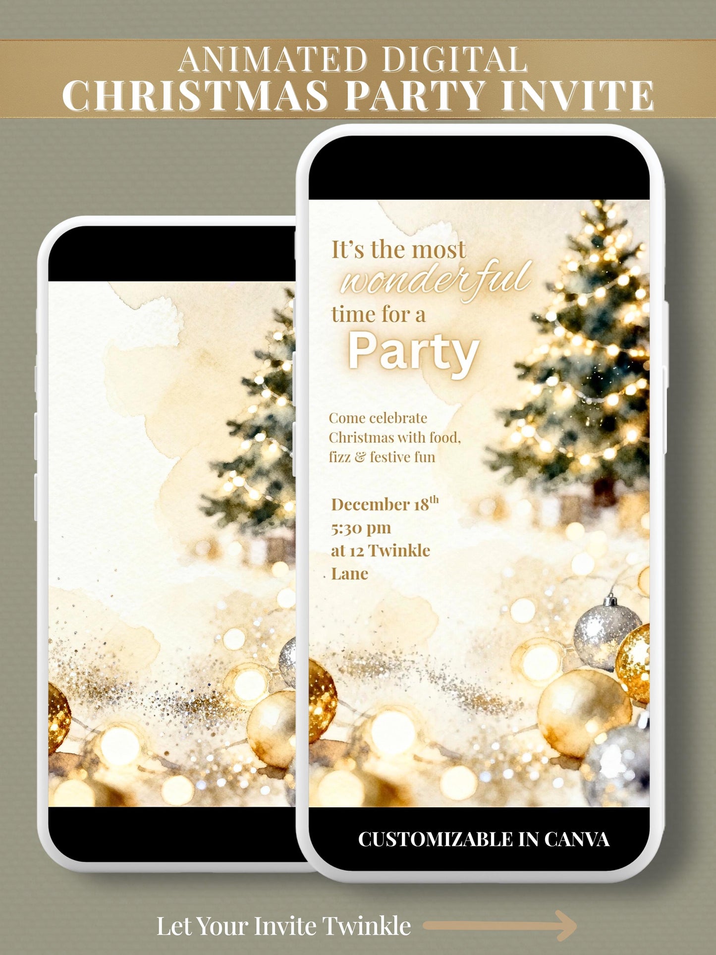 Animated Christmas party invitation showing a softly lit Christmas tree with golden lights and ornaments, featuring elegant text and watercolor background, editable in Canva