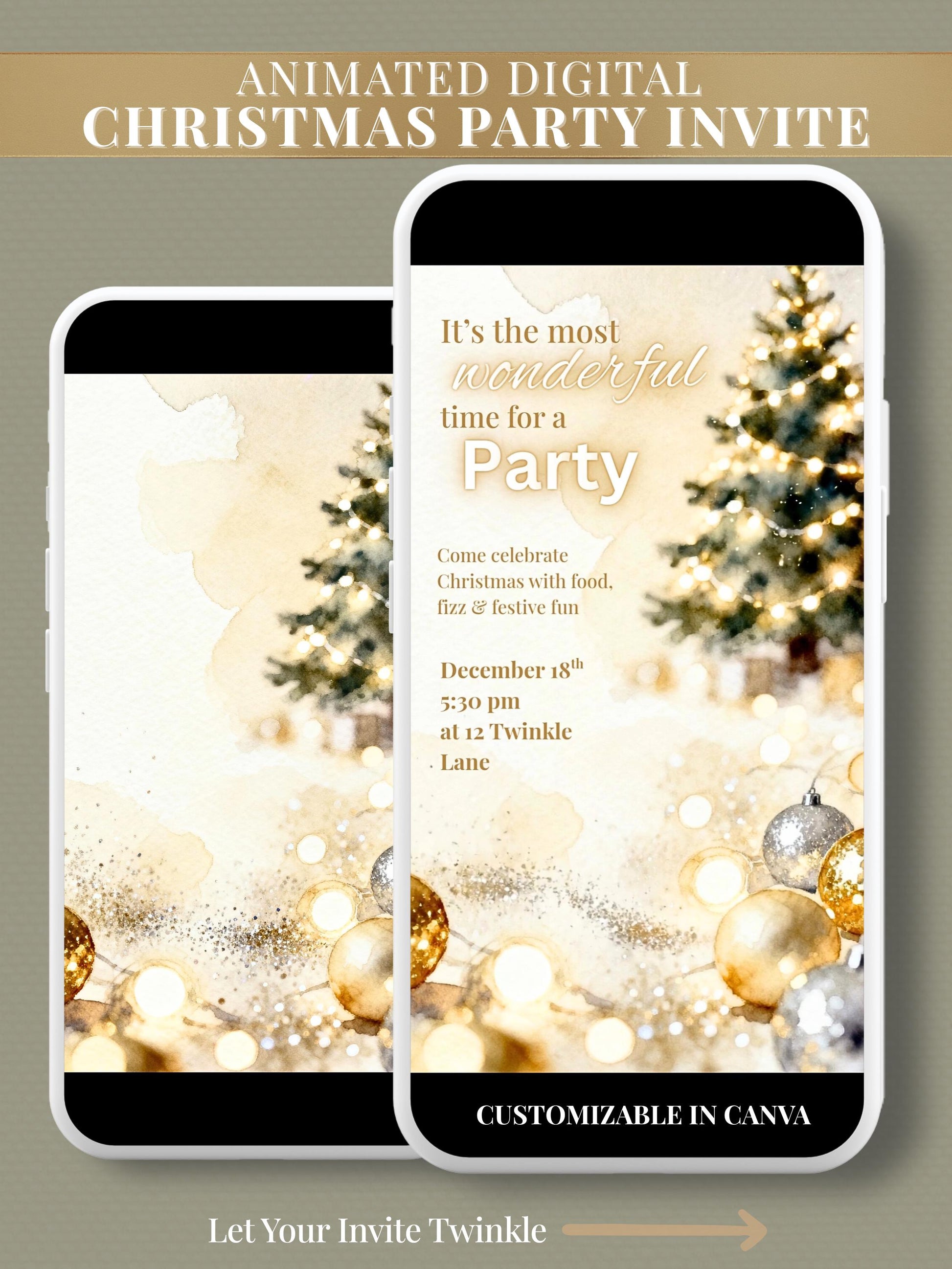 Animated Christmas party invitation showing a softly lit Christmas tree with golden lights and ornaments, featuring elegant text and watercolor background, editable in Canva
