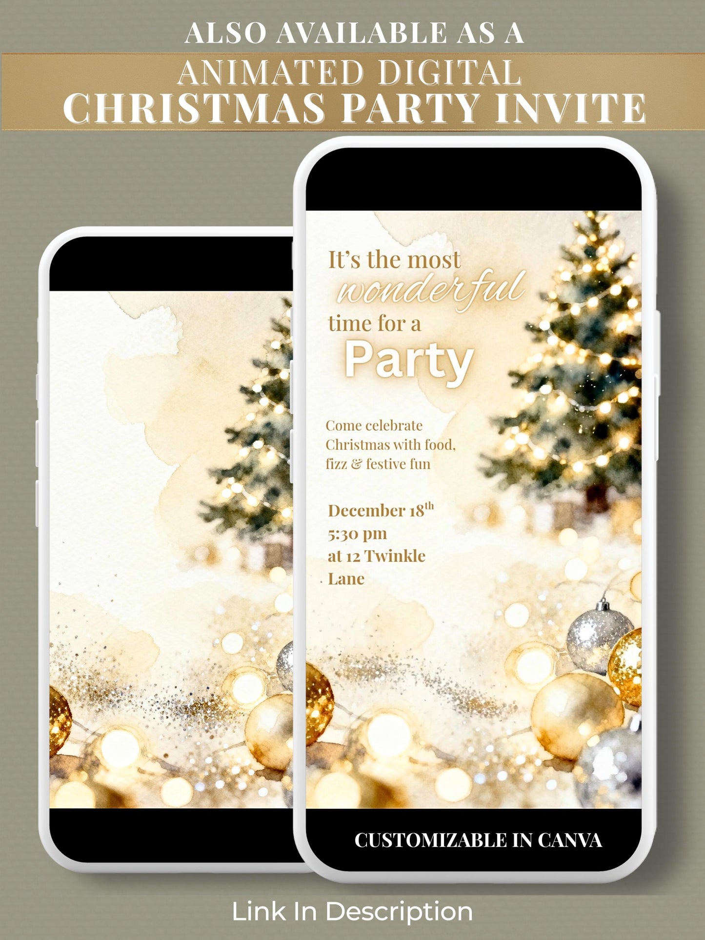 Sparkle Christmas Party Invitation - Printable Festive Watercolor Holiday Invite (Editable Instant Download Digital Canva Template Evite)