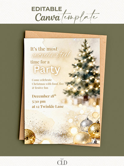 Sparkle Christmas Party Invitation - Printable Festive Watercolor Holiday Invite (Editable Instant Download Digital Canva Template Evite)
