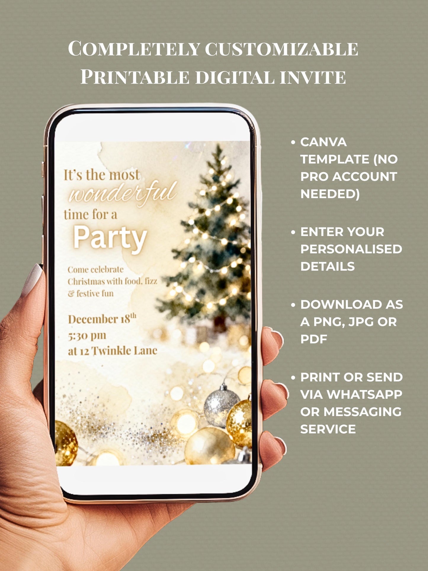 Sparkle Christmas Party Invitation - Printable Festive Watercolor Holiday Invite (Editable Instant Download Digital Canva Template Evite)