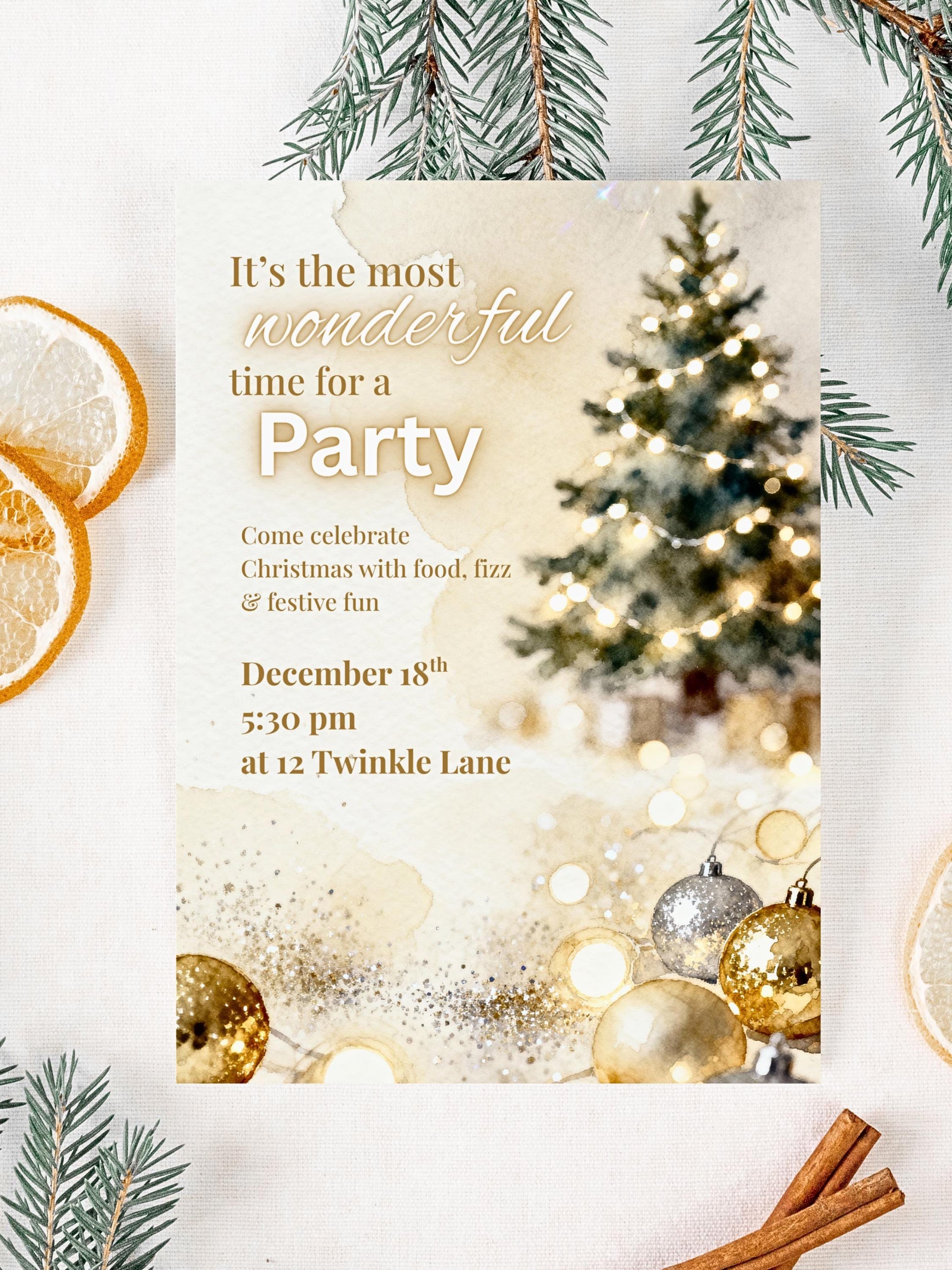 Sparkle Christmas Party Invitation - Printable Festive Watercolor Holiday Invite (Editable Instant Download Digital Canva Template Evite)