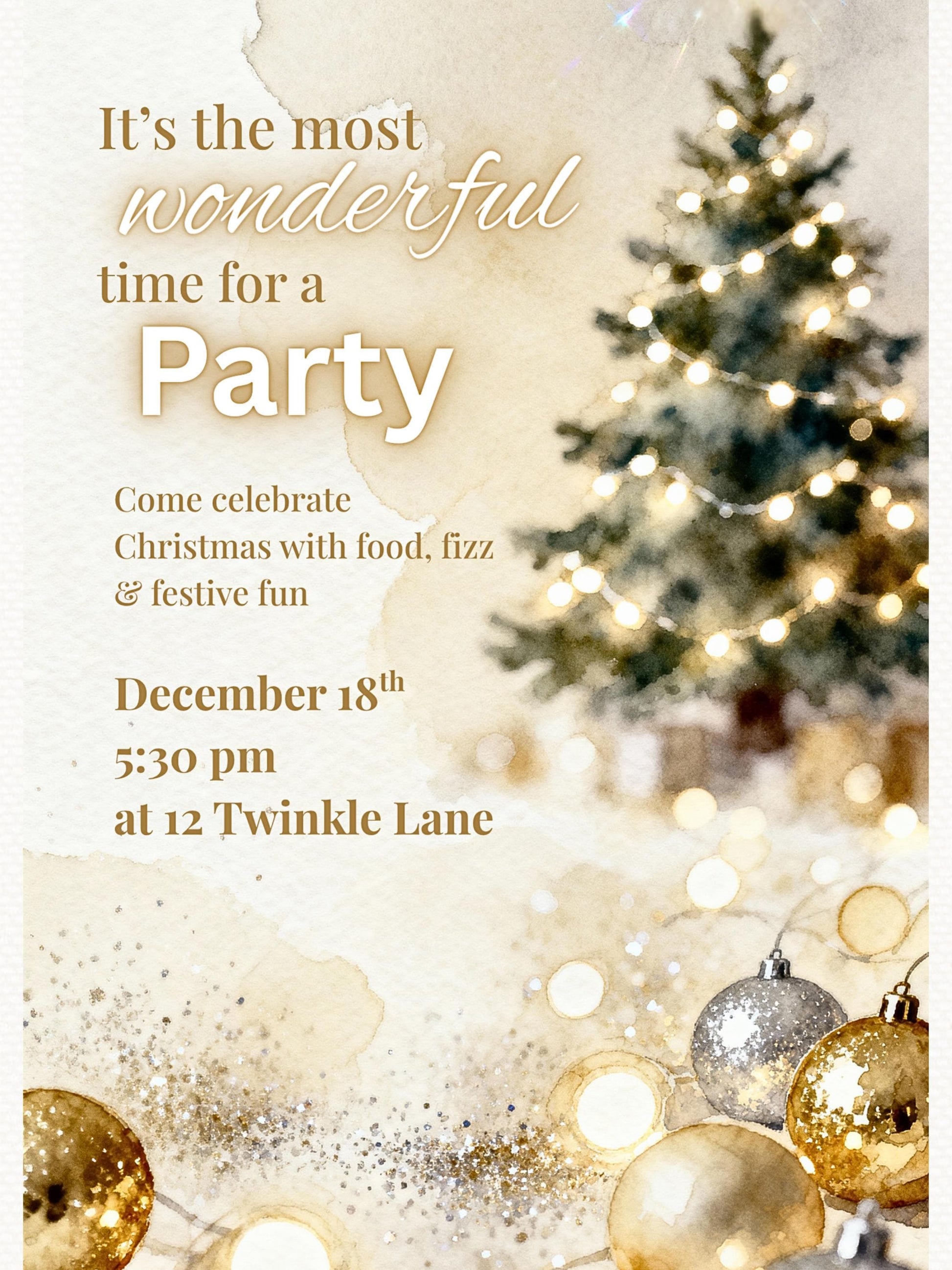 Sparkle Christmas Party Invitation - Printable Festive Watercolor Holiday Invite (Editable Instant Download Digital Canva Template Evite)