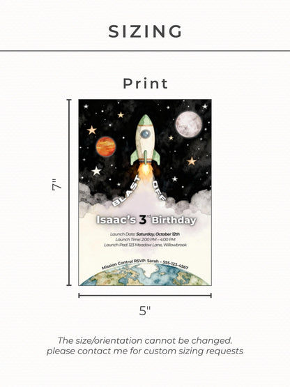 3rd Birthday Space Invitation - Digital Rocket Ship Kids Party Invite (Customizable Instant Download Canva Template) Watercolor Evite