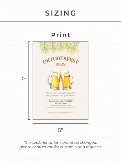 Printable Oktoberfest Invitation - Beer Party Invite with Watercolor Mugs & Hops (Customizable digital Editable Canva Template)