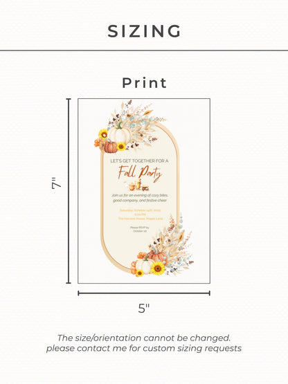 Printable Fall Party Invitation - Autumn Dinner Party Invite with Pumpkins & Florals (Digital Editable Canva Template)
