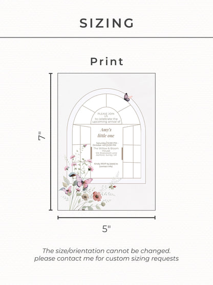 Elegant Butterfly Baby Shower Invitation Template ·Editable Arch Window Design with Florals· Neutral Minimal Baby Girl or Boy Shower Invite