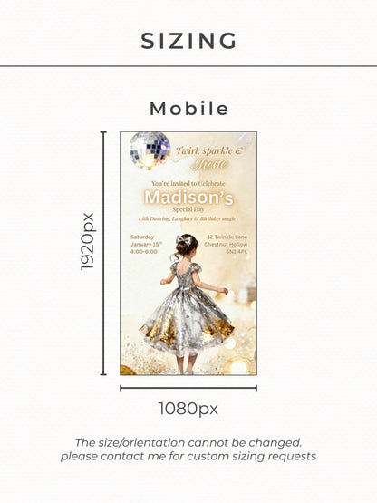 Animated Girl's Dance Birthday Invitation- Twirl and Sparkle Party Invite/Disco Theme (Printable Instant Download Canva Template Evite)