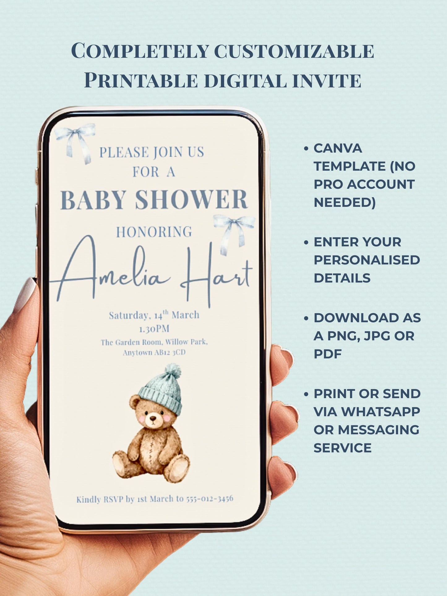 Editable Blue Bear Baby Shower Invitation Template-Boy Winter Nesting Party Invite (Instant Download Digital Custom Canva Template)