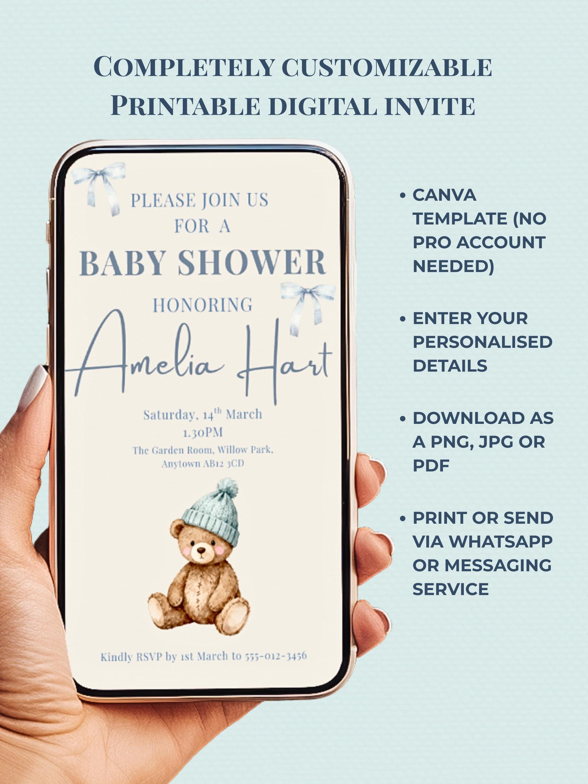 Editable Blue Bear Baby Shower Invitation Template-Boy Winter Nesting Party Invite (Instant Download Digital Custom Canva Template)