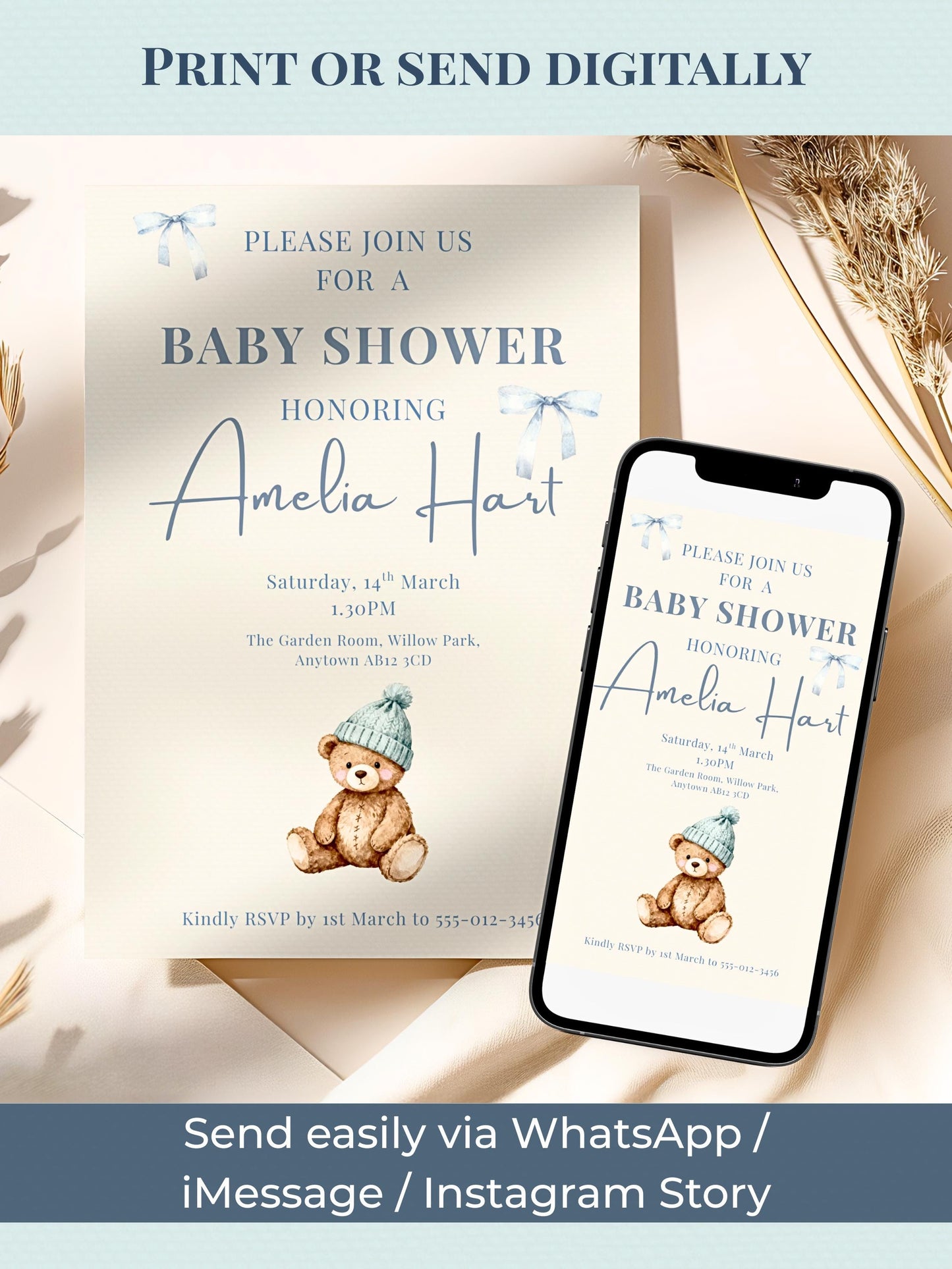 Editable Blue Bear Baby Shower Invitation Template-Boy Winter Nesting Party Invite (Instant Download Digital Custom Canva Template)