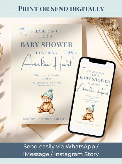Editable Blue Bear Baby Shower Invitation Template-Boy Winter Nesting Party Invite (Instant Download Digital Custom Canva Template)