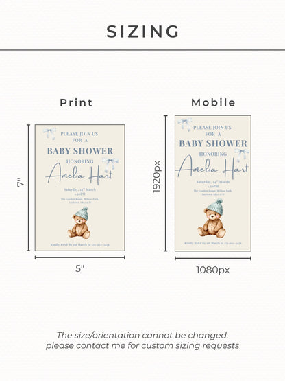 Editable Blue Bear Baby Shower Invitation Template-Boy Winter Nesting Party Invite (Instant Download Digital Custom Canva Template)