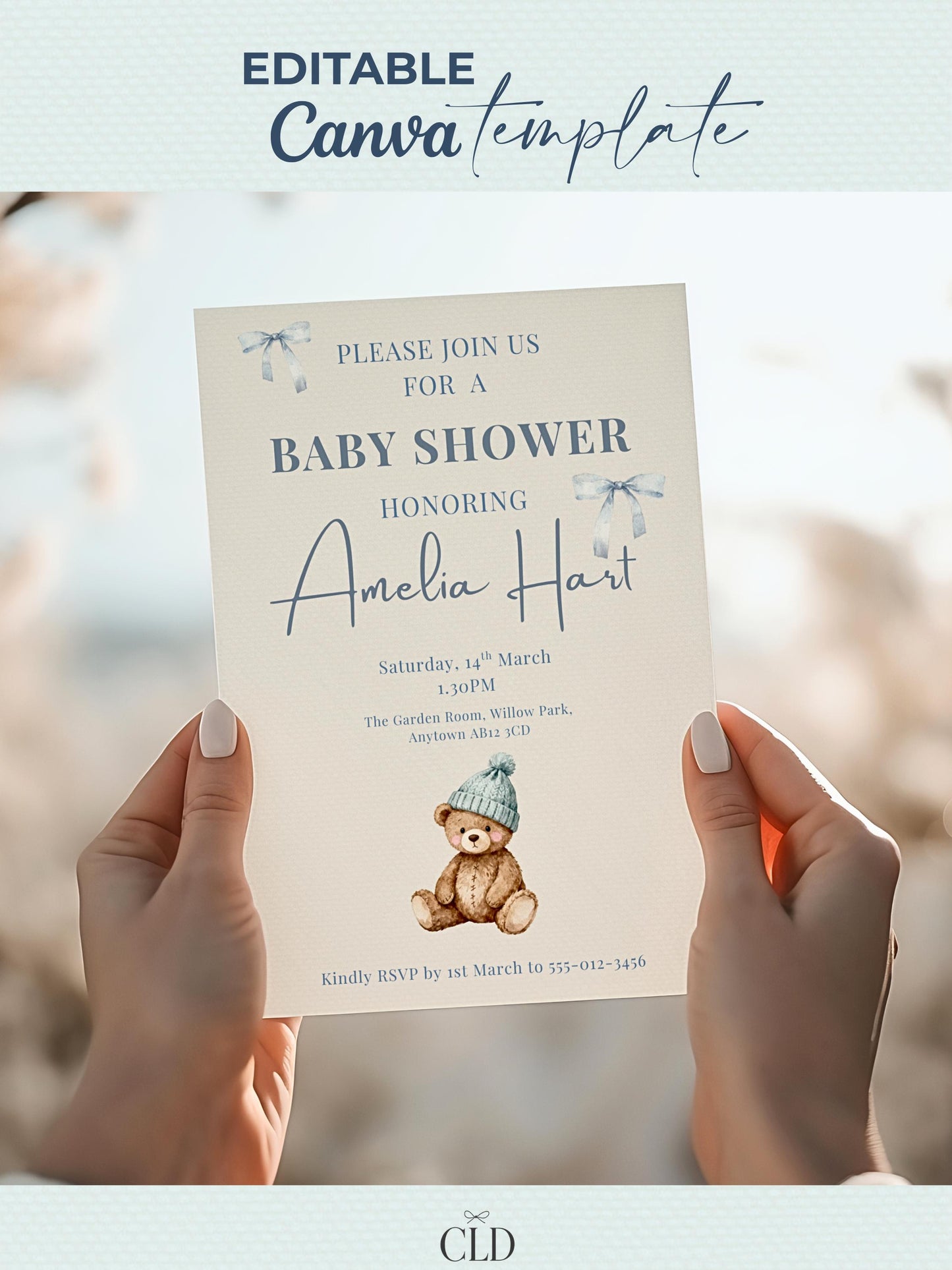 Editable Blue Bear Baby Shower Invitation Template-Boy Winter Nesting Party Invite (Instant Download Digital Custom Canva Template)