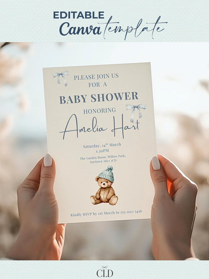 Editable Blue Bear Baby Shower Invitation Template-Boy Winter Nesting Party Invite (Instant Download Digital Custom Canva Template)