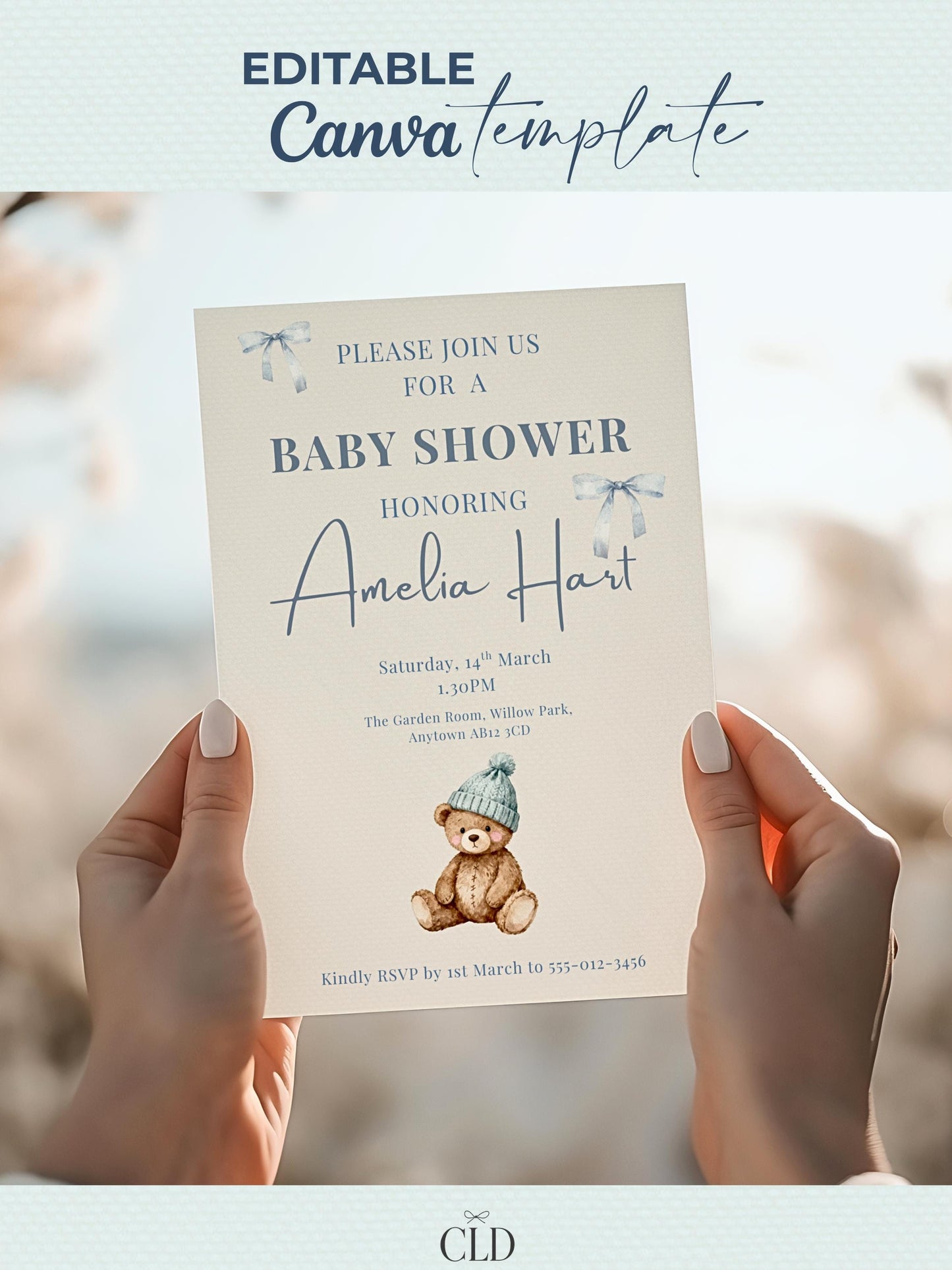 Editable Blue Bear Baby Shower Invitation Template-Boy Winter Nesting Party Invite (Instant Download Digital Custom Canva Template)