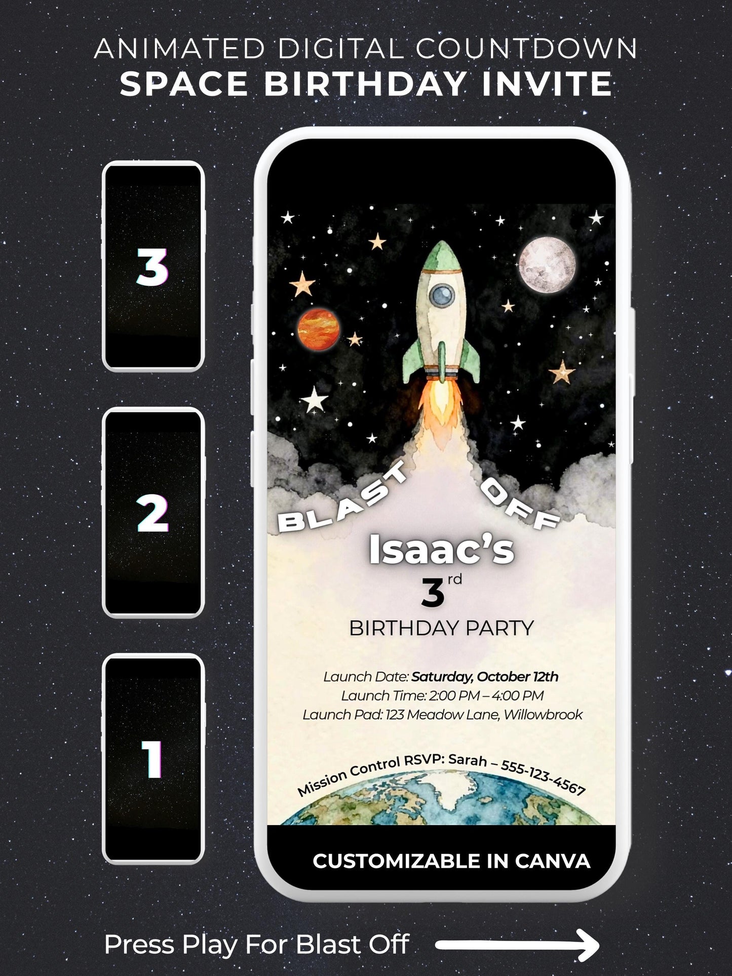 Animated space-themed digital birthday invitation mockup displayed on a smartphone screen. The design features a rocket ship blasting off into space with countdown numbers 3, 2, 1 shown on the left. Perfect for kids’ space birthday parties, fully customizable in Canva and ideal for sending via WhatsApp, iMessage, or Instagram.
